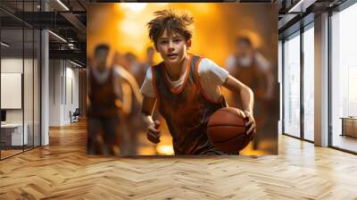 Youth basketball players engaged in a fiercely competitive game, each basket celebrated with fervor. Concept of passionate basketball. Generative Ai. Wall mural