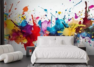 Arrière plan de tâches de peintures colorées sur fond blanc, fond graphique panoramique, illustration ia générative 1 Wall mural