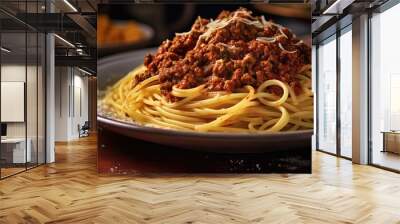 A delicious plate of spaghetti bolognese, perfectly cooked pasta draped in rich tomato-based sauce. Generative AI Wall mural