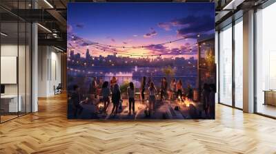 A group of young people enjoying a celebration on a rooftop with a breathtaking view of the city center skyline. Generative AI Wall mural