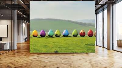 A row of easter eggs with colourful designs, celebrating Easter, over a beautiful field on a sunny day, wide resolution for banners of specific designs, generative ai Wall mural