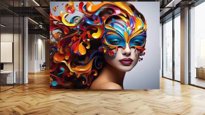 A striking colorful and artistic mask set against a white background. This image is part of a marketing campaign designed to capture attention in the competitive world of fashion, generative ai Wall mural