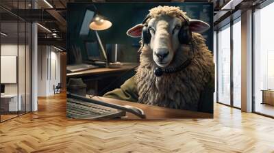 An efficient sheep working at a call center, providing 