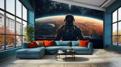 An image of an astronaut gazing into the vastness of outer space from a large spaceship window. Generative AI Wall mural