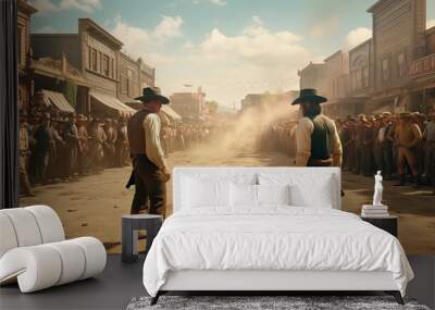 An intense cowboy duel on the main street of a typical western town, echoing tales of law and disorder in the old west. Generative AI Wall mural