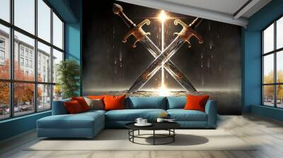 Shining and Metallic Iron Swords With Golden Hilt, as a Classical and Medieval Hand Weapon Wall mural