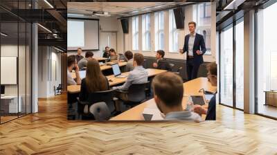 Students are engaged in a dynamic debate in a finance module of an MBA program. Generative AI Wall mural