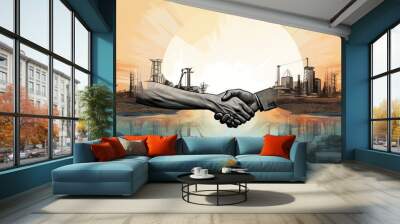 Two hands firmly shake against a fertile landscape, encapsulating agricultural, livestock pursuits and sustainable economy. Generative AI Wall mural