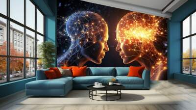 Two people spiritually connected, discussing and resolving problems, seen in electromagnetic and astral terms. Generative AI Wall mural