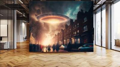 UFOs Arriving in the City from the Sky, with lights and energy, between the clouds, people is seeing it scared Wall mural