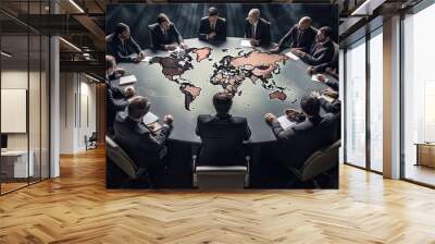 World leaders intensely discussing around a table, with a world map behind, reflecting geopolitical tensions and disputes. Generative AI Wall mural