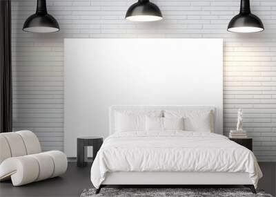 a blank poster on a brick wall with hanging lamps above it Wall mural