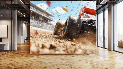 A close-up of a racing car on dirt, surrounded by cheering crowds. Wall mural