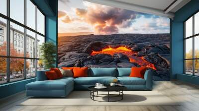 A dramatic volcanic landscape with flowing lava and smoke clouds. Wall mural