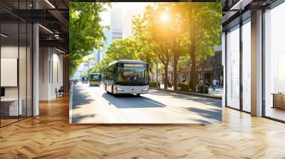 City street with buses and trees under bright sunlight. Wall mural