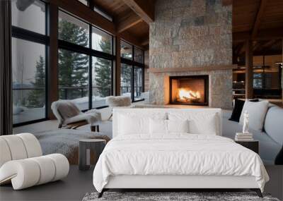 Cozy modern living room with a fireplace and snowy mountain view. Wall mural