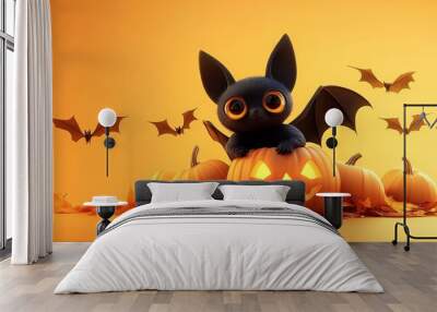 cute cartoon black bat sitting on top of Halloween pumpkins Wall mural