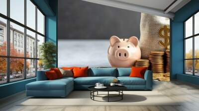 Piggy bank, coins, and money bag on a grey background Wall mural