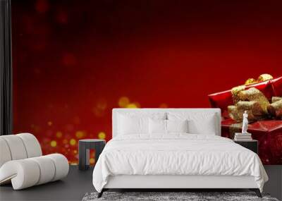 Red background with golden glitter and red gift boxes Wall mural