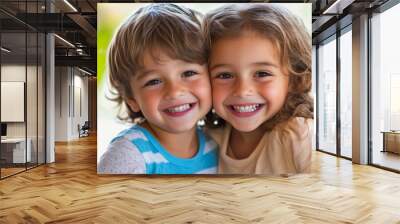 two child friends smiling showing teeth, dental clinic advertising photography Wall mural