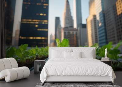 Urban rooftop garden with lettuce plants against a city skyline. Wall mural