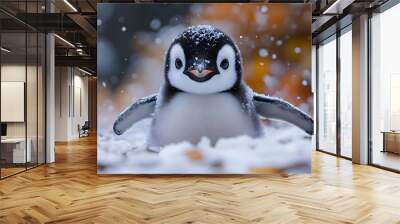 Cute Penguin Chick in Snowy Landscape - Realistic Digital Illustration Wall mural