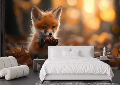 Cute Red Fox Kit Holding a Pinecone in the Autumn Forest - Realistic Photography Wall mural