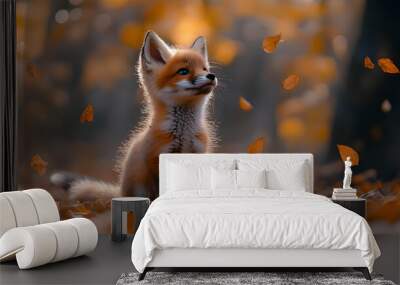 Cute Red Fox Kit in Autumn Forest - Realistic Image Wall mural