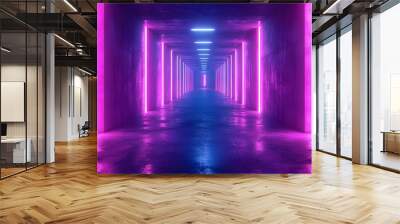 Neon Glow in a Long Concrete Corridor 3D Illustration Wall mural