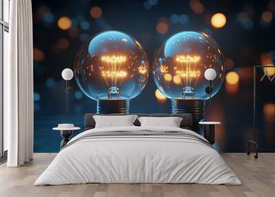 Two Lightbulbs with Glowing Filaments and Bokeh Lights - 3D Illustration Wall mural