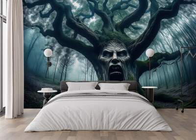 A sad, nervous tree. A devil tree, horror Wall mural