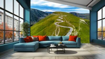 Aerial view of the spectacular Transalpina road with many serpentines crossing the Carpathian mountains at high altitude Wall mural