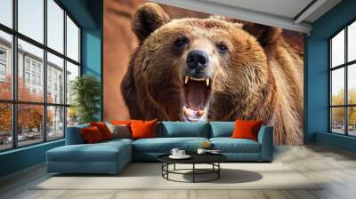 Close-up portrait of a roaring brown bear Wall mural