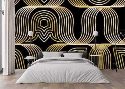 Antique vector seamless shell gold art deco pattern. Geometrical wavy background. Wall mural