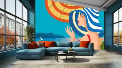 Beautiful woman in a wide-brimmed hat on a tropical beach. The lake shore, the mountains. Holiday on the French Riviera, Liguria. Poster in the Art Deco  Wall mural