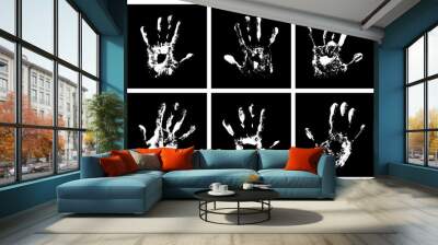 Set of vector white hand print on black background. Wall mural