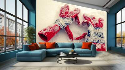 Winter gloves make the shape of a heart on a snow. Wall mural