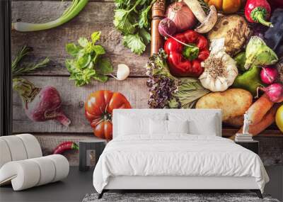 Organic vegetables healthy nutrition concept on wooden background Wall mural