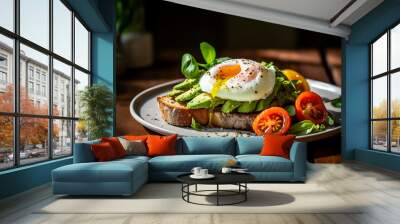 poached egg dish on a plate with tomatoes soft egg Wall mural