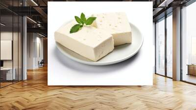 Two pieces of white mold soft cheese on white plate isolated Background, Generative ai Wall mural