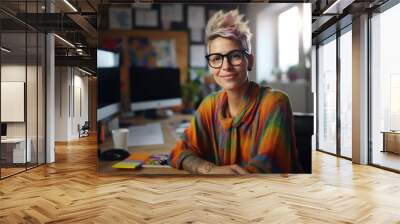 A fictional person, not based on a real person: Attractive, quirky Caucasian female designer wearing glasses, smiling and looking at camera while sitting at her desk Wall mural