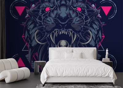 Wild tiger head logo illustration with sacred geometry pattern as the background Wall mural