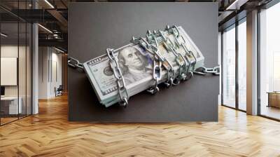 chained money, a bundle of dollars tied up with a chain, the concept of debt. dark background, closeup Wall mural