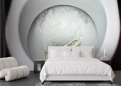 Flush money down the toilet, throws dollar bills in the toilet, loss concept, close up, selective focus Wall mural