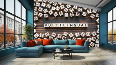 multilingual - word from wooden blocks with letters, use many  different languages multilingual concept, random letters around, white  background Wall mural