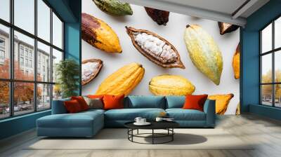 Cocoa pods on a white background, creative flat lay food concept Wall mural