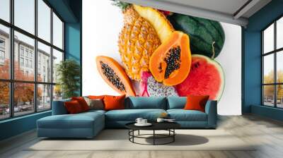 Flat lay tropical fruit layout made of dragon fruit, watermelon, papaya and pineapple on a white background, creative summer food concept Wall mural