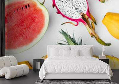 flat lay tropical fruit layout made of dragon fruit, watermelon, papaya and pineapple. creative summ Wall mural