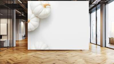 White pumpkins on a white background, creative flat lay thanksgiving concept, top view with copy space Wall mural