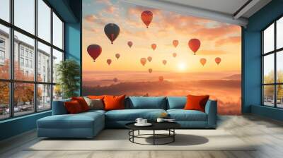 Heißluftballons im sonnigen Himmel bei Sonnenaufgang – Atemberaubende Luftansicht Wall mural